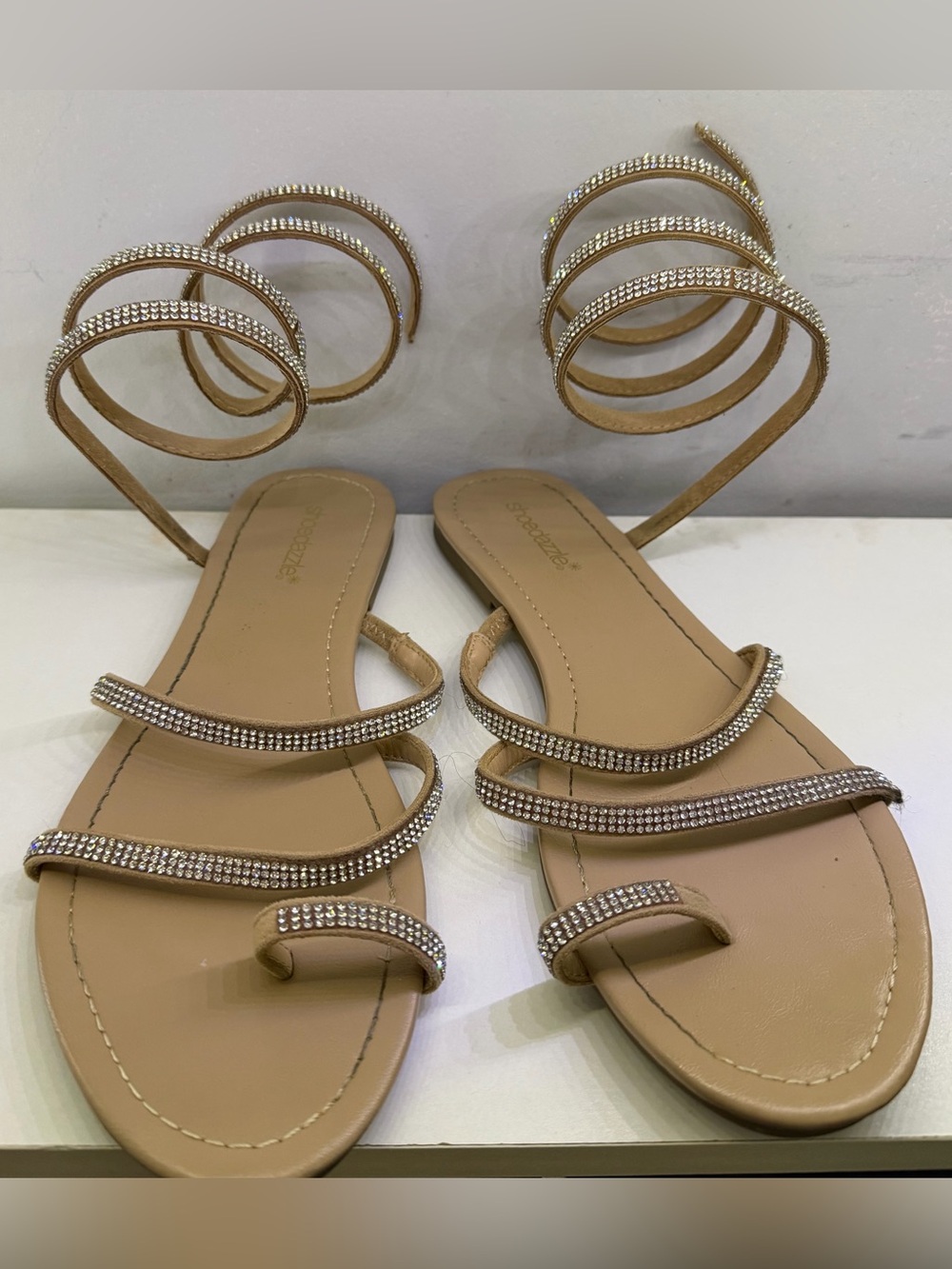 Shoe Dazzle Nude Crystal Spiral-Ankle Flat Sandals